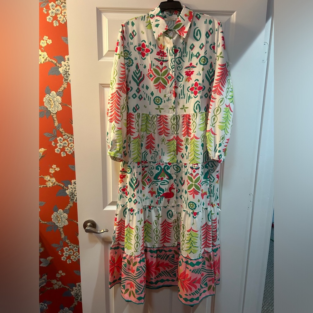 Boho Floral Tiered Maxi Dress in White with Orange & Green